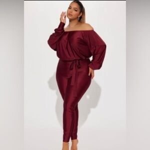 Fashion Nova Off-Shoulder Burgundy Skinny Jumpsuit with Waist Tie
